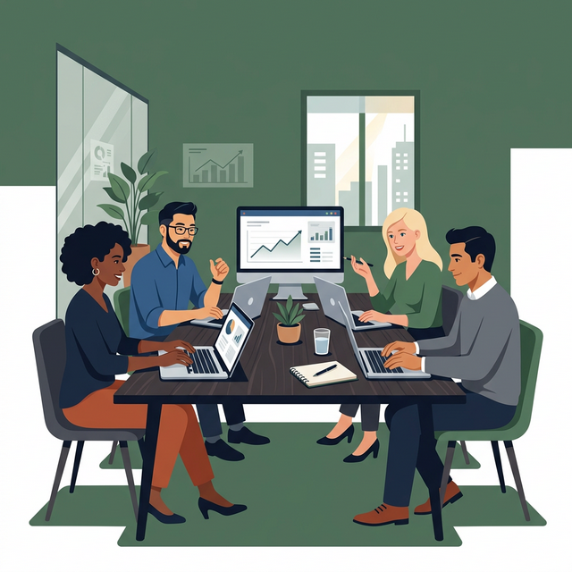 Illustration of our team collaborating at a table