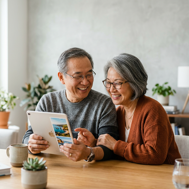 Asian senior couple using a tablet and smiling